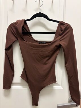 Zara Chocolate Brown Long-Sleeve Scoop Neck Bodysuit